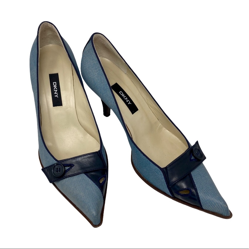 VINTAGE DKNY Button Accent Kitten Heel, Blue 8 EUC